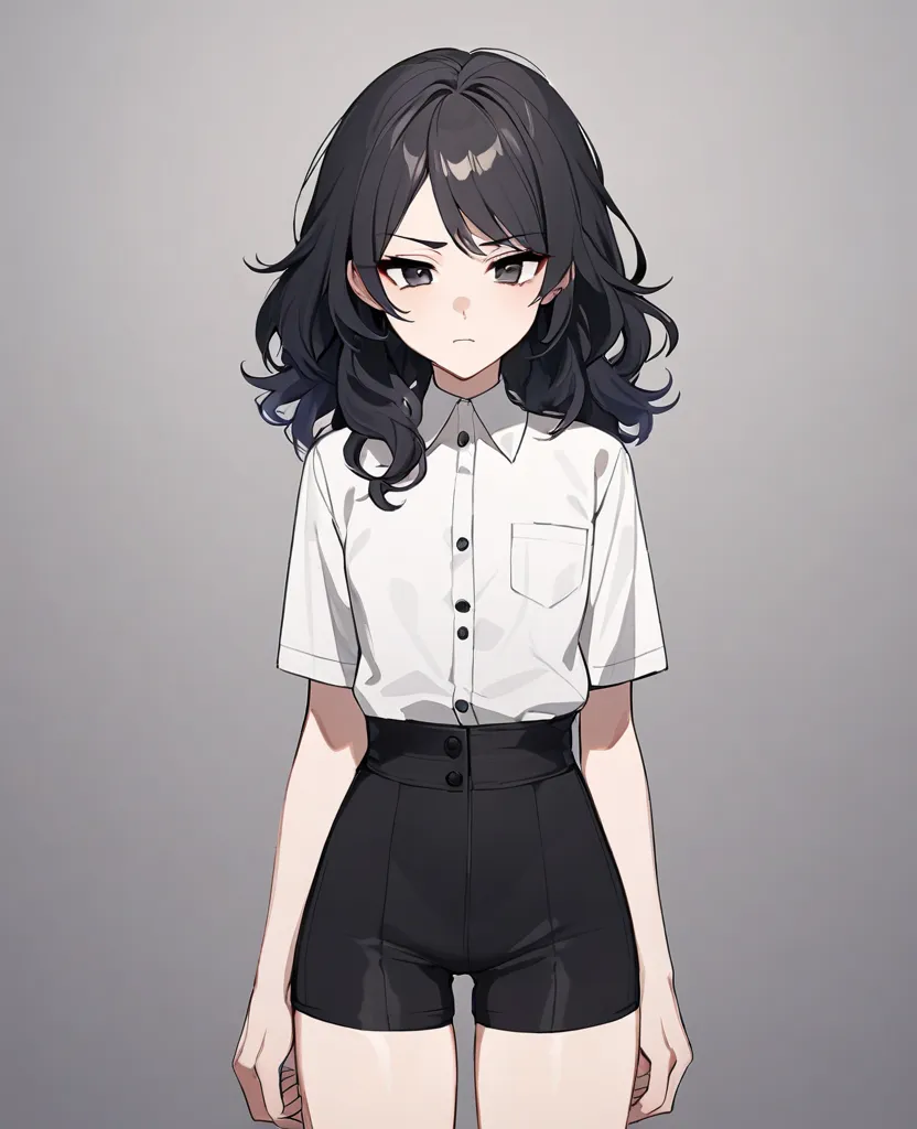 Femboy, slim, medium-length slightly wavy hair, black hair, fair skin, dark eyes, white short sleeve button shirt, tight black short shorts, neutral expression, HD