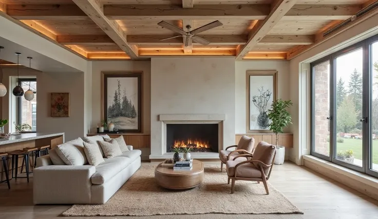 Modern interior with a coffered ceiling design in a living room, featuring soft LED lighting and neutral tones, highlighting architectural elegance and sophistication."
"Rustic living room with exposed wooden beams on the ceiling, showcasing a cozy, farmho...