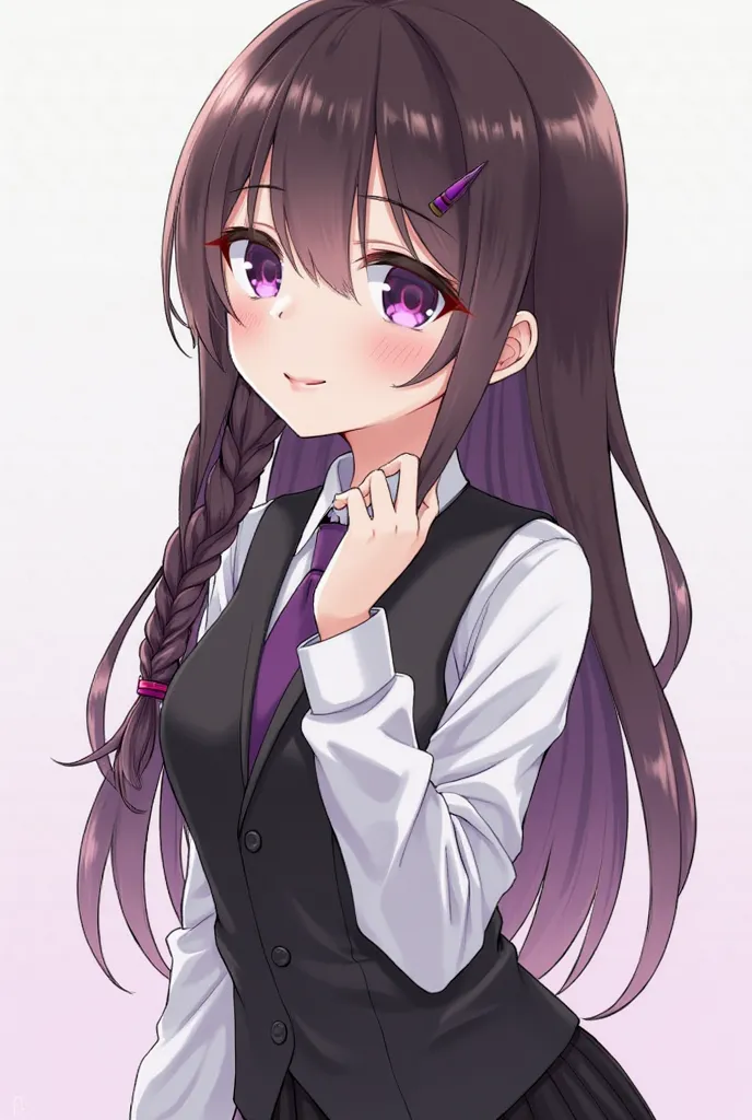 A character with long dark brown hair in a braid on the shoulder that at the ends is a shade of purple with a gradient to pink and has a fringe on the side that is a little on the left eye that has a purple lock and has degraded eyes, which is also from pu...