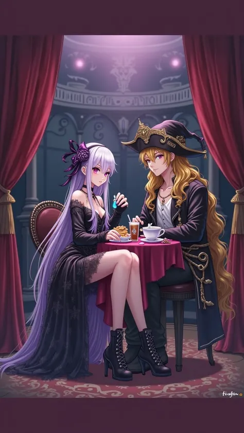 Vampire girl with very long white and purple hair, short black dress. Sleeping with the anime pirate boy , Sensual and with eye patch, long blonde hair, honey brown eyes . Both sleep on the bed in an elegant room.

 

 

