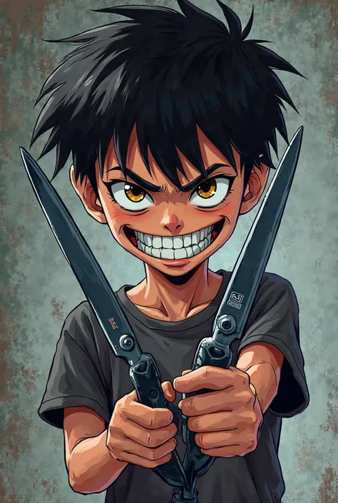 draw a boy smiling evilly while holding castrating scissors, draw it in anime style