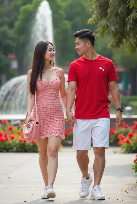 A whole photo of beautiful Asian woman and handsome Asian man . Woman has long coffee brown rebonded straight hair, chubby but sexy,soft white skin, sweet smile, pointed nose, kissable red lips,brown eyelashes, pinkish cheeks, wearing pink crocheted fitted...