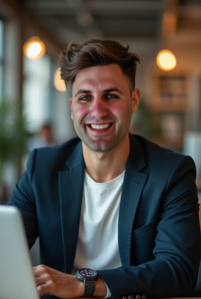 A highly detailed professional headshot of a young web developer, sitting at a modern office desk, wearing a casual blazer and t-shirt, warm and natural lighting, ultra-realistic, sharp focus, cinematic look, 85mm lens, f/1.4, professional photography, con...