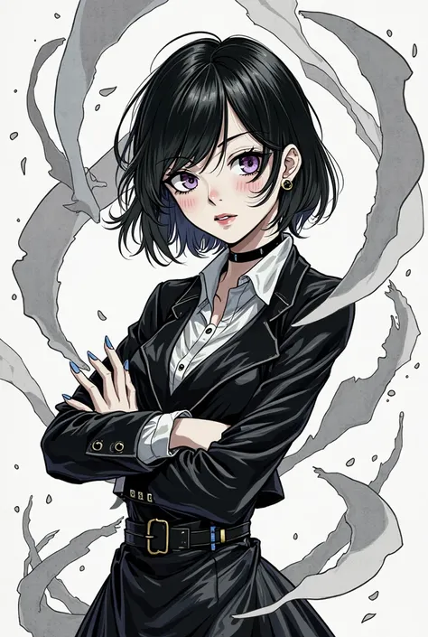  black-haired girl,  purple eyes, with freckles, short hair,  average height, power to control paper, cool clothing, black and white manga version, average drawing style, Look 18 years old , The image that is in black and white like the manga