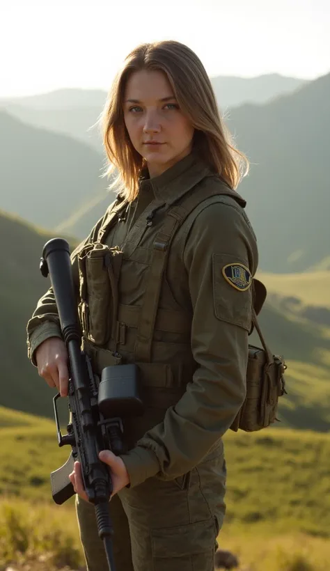 A beautiful young female soldier, 20 years old, stands with an air of confidence and elegance, her sharp eyes scanning the surroundings as she observes the landscape before her. Her long bob, neatly styled, flows slightly with the wind, complementing her p...