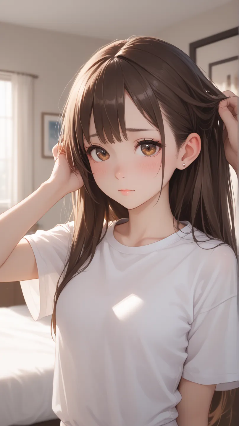 Portrait view of small girl, loli, younger face(,small breasts,pointy breasts, brown eyes, long hair,brown hair, bedroom, shy, blush,hair behind ear, right hand behind ear, adjusting hair,  white shirt, standing, pov slaping asd