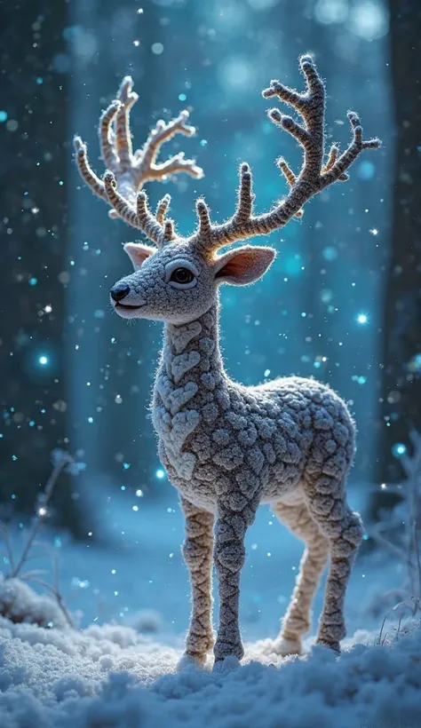 A mystical crochet deer, its antlers woven from silver-threaded vines, standing under a glowing aurora in an enchanted winter forest. Its soft, textured body glistens with tiny frost-kissed stitches, while blue fireflies hover around it like tiny, floating...