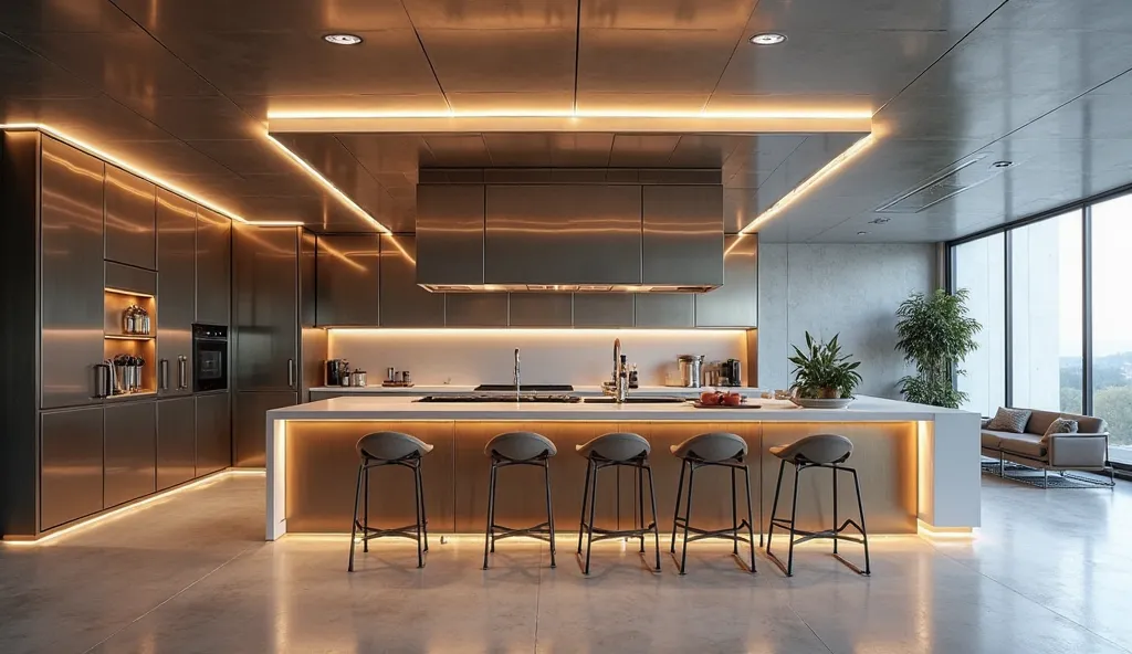 A contemporary kitchen with a reflective metal ceiling design, featuring polished stainless steel panels and recessed lighting that adds a sense of openness and brightness to the space