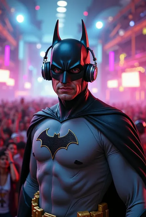 Batman as a dj, he is looking at the camera, it is adam west batman, his headphones are cool, 4k, best quality, festival is amazing, world famous dj legend 