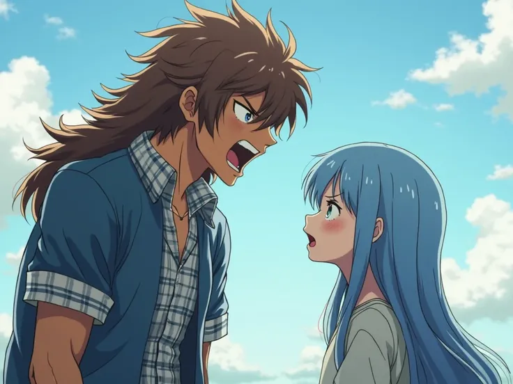 anime angry emaciated young adult boyfriend thick rounded long brown rough hair going down the neck ahoge on the back of head and short sleeve blue jacket checkered shirt underneath yelling at sad scared girl with long sky blue waterfall hair 