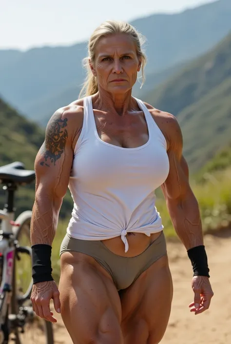 Photorealistic real image, looks at a very muscular elderly Spanish woman with very wrinkled skin, stands in the mountains near a bicycle, looks tense, , with tattooed arms, white tank top in a t-shirt, khaki thongs that hang, with black sports bracelets, ...