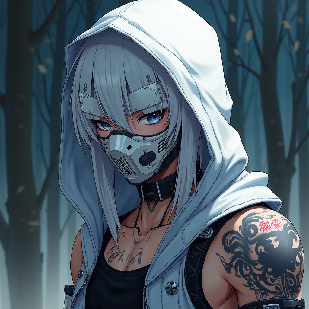 With several details and cyber tribal prints designed on the clothes, Wearing a hood with two spectacle lenses sewn into the white mask on the hood, a detailed painting of Jin Homura, pixiv, shin hanga, highly detailed face , ((Extreme Detail)), biomechani...