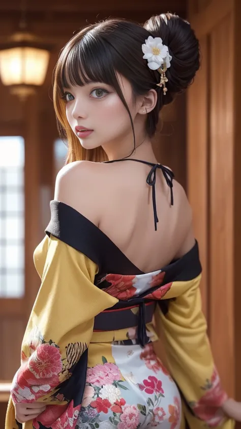 beautiful back、Broad back、off-shoulder、((A splendid furry kimono:1.2、luxurious embroidered kimono:1.3,Gorgeous Japanese clothing:1.2))、Medium breast、(nihongami,braided bun)、(( turn around、 look back、 looking out 、camera))、Inside the Japanese-style room、Gre...