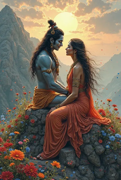 Lord Mahadev and Goddess Parvati are sitting on a mountain with lots of red, blue and yellow flowers and looking at each other lovingly and smiling.