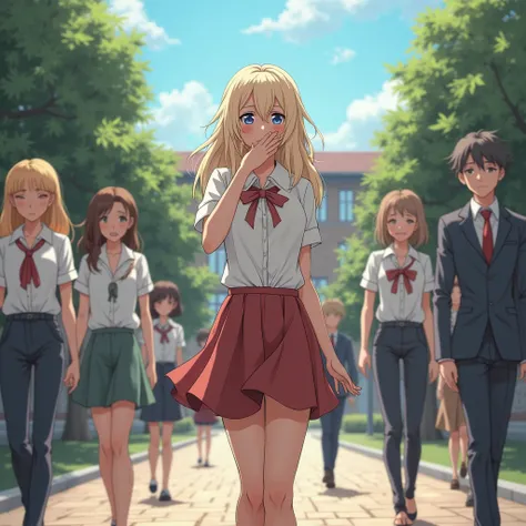 in anime style "An outdoor daylight setting in a prestigious school courtyard, filled with whispers and mocking laughter. A woman in her early 30s, once the most ugly, now walks with her hand covering her mouth, trying to hide her transformed  sad face. He...