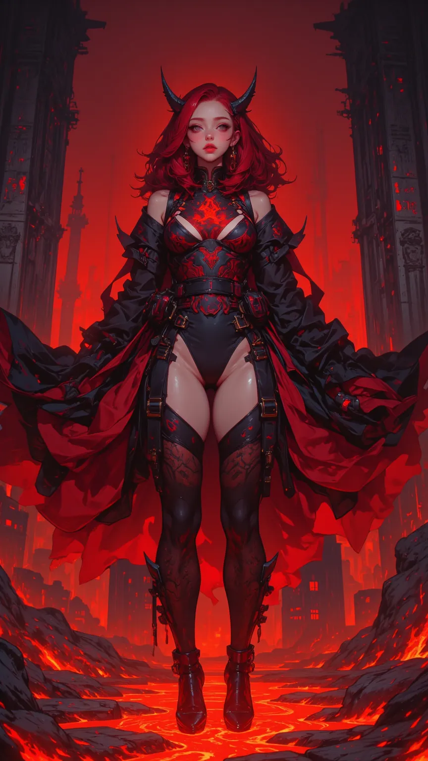  4K 8k16k anime-style quality digital painting。She's a playful female devil，with vivid red hair and playful crimson eyes，wearing an exposed black and red costume，It has a flame pattern on it，Standing in the depths of hell，with a river of lava flowing。