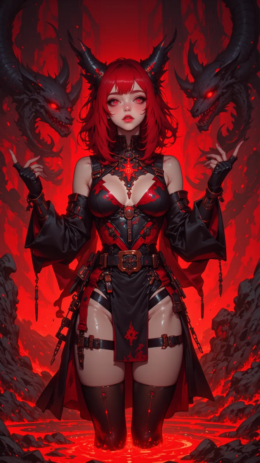  4K 8k16k anime-style quality digital painting。She's a playful female devil，with vivid red hair and playful crimson eyes，wearing an exposed black and red costume，It has a flame pattern on it，Standing in the depths of hell，with a river of lava flowing。