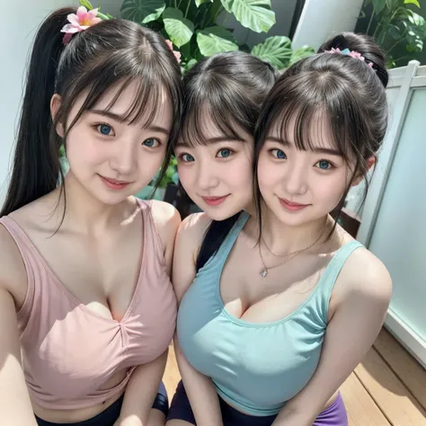 ( 3 girls),smile、  Look into the Camera  、 Diamond Necklace、pigtail, Random color tank top：1.2、 material, smooth and flexible .、 open upper arms, 、, blue-green patterned socks above the knee. Extra-long double ponytail hair、Close-range shooting、Hair flower...