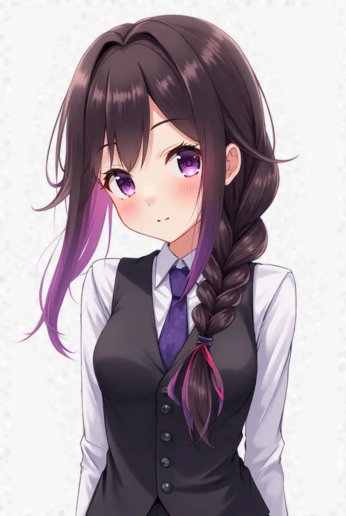 A character with long dark brown hair in a shoulder braid that at the ends is a shade of purple with a gradient to pink and has a fringe on the side that is a little on the left eye that has a purple lock and has degraded eyes, which is also from purple to...