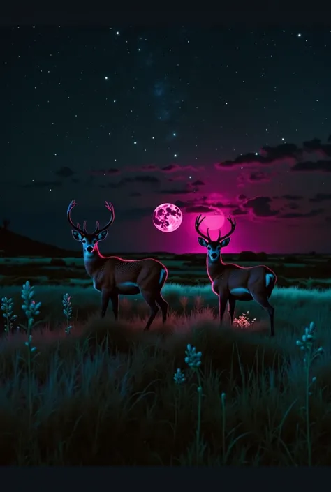 Create a surreal night scene featuring two deer standing in a field of tall grass. The sky is filled with stars, and a large, glowing pink moon illuminates the scene with a mystical light. The deer are highlighted by the moonlight, casting a soft glow on t...