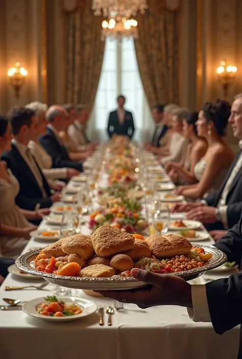 
"A first-person perspective of a person with dark-skinned hands, dressed in formal servant attire, presenting a lavish silver tray filled with a variety of elegantly plated food, including bread, beans, and fresh fruit. The scene is set in a grand dining ...