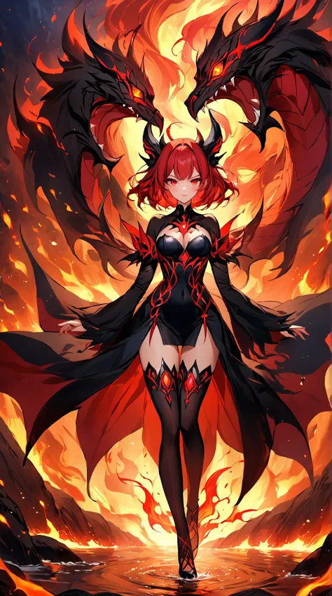  4K 8k16k anime-style quality digital painting。She's a playful female devil，with vivid red hair and playful crimson eyes，wearing an exposed black and red costume，It has a flame pattern on it，Standing in the depths of hell，with a river of lava flowing。