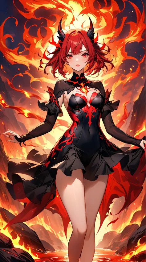  4K 8k16k anime-style quality digital painting。She's a playful female devil，with vivid red hair and playful crimson eyes，wearing an exposed black and red costume，It has a flame pattern on it，Standing in the depths of hell，with a river of lava flowing。