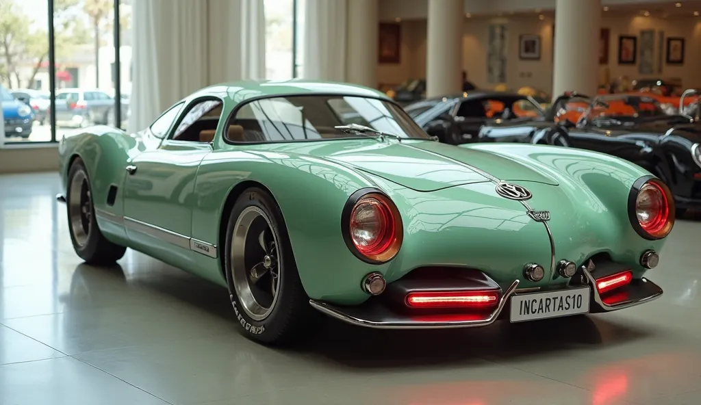 "A realistic, high-quality image of a modern sports car seen from the front right side, resembling a 1955 Volkswagen Karmann Ghia Type 14. The car is soft green with glossy paint and a sleek, aerodynamic design. It has four large, round exhaust pipes and a...