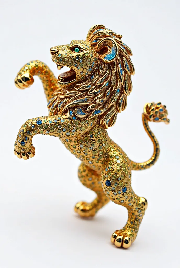 High Jewelry, Brooch, Imposing Lion (full body) with mouth open Three-dimensional Two front feet off the ground in a jumping posture Simplified hollow line design of the shape, realistic proportions, full body Pavé setting Round cut Soft colors: blue and y...