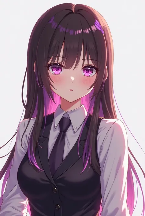 A character with long dark brown hair in a shoulder braid that at the ends is a shade of purple with a gradient to pink and has a fringe on the side that is a little on the left eye that has a purple lock and has degraded eyes, which is also from purple to...