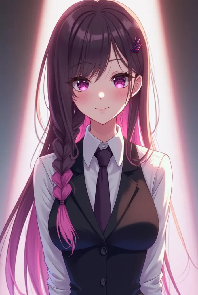 A character with long dark brown hair in a shoulder braid that at the ends is a shade of purple with a gradient to pink and has a fringe on the side that is a little on the left eye that has a purple lock and has degraded eyes, which is also from purple to...