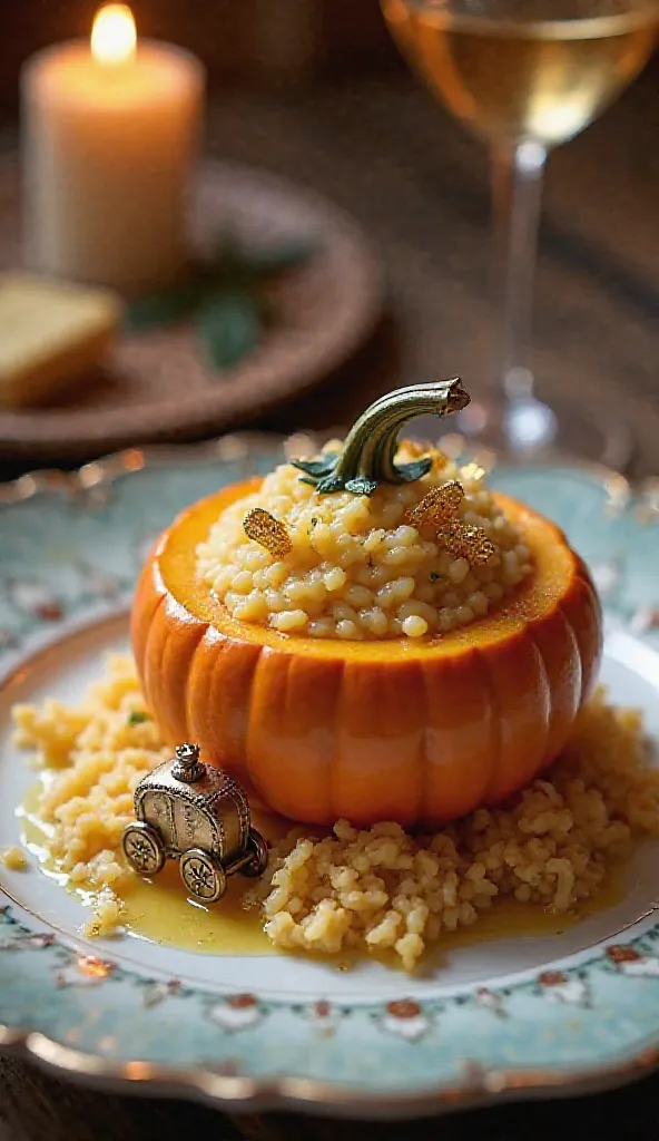 A luxurious pumpkin risotto infused with black truffle and Parmesan Reggiano, served in an elegantly carved miniature pumpkin. The risotto is cooked to a creamy perfection, with a velvety texture and a subtle balance of earthy and nutty flavors. Delicate g...