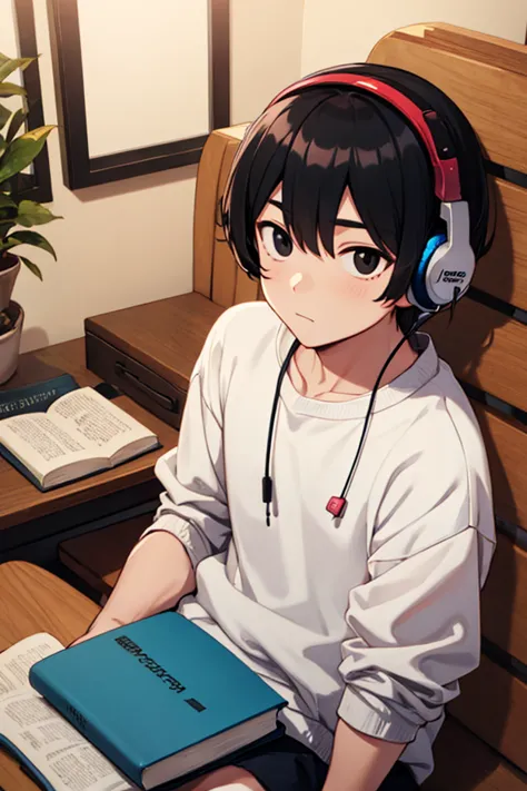 Korean anime male boy with book hairstyle, short black hair and black eyes,  loose-fitting clothing, white sweatshirt,  white clothes,  headphones,  tender,  big eyes