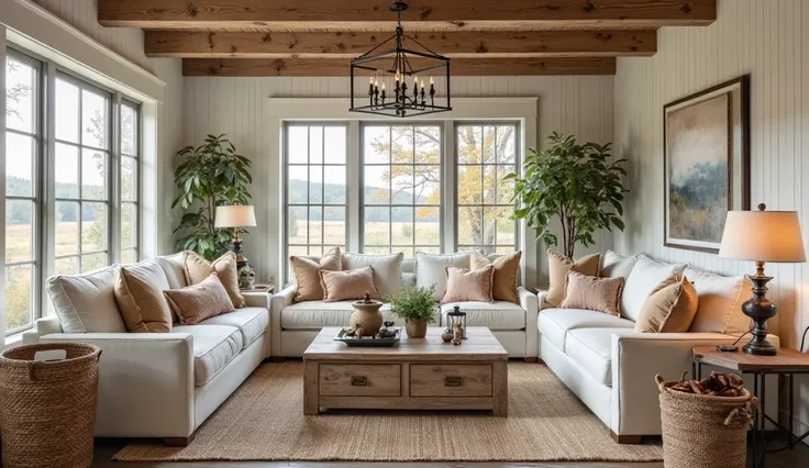 A modern farmhouse living room featuring board and batten walls with neutral tones and rustic decor, complete with cozy furniture and soft lighting, creating an inviting and warm atmosphere