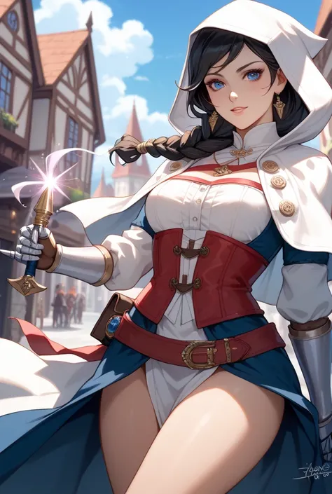 Create Yu-Gi-Oh  & Assassin's Creed a beautiful young woman with long shiny straight black hair with blue eyes with medium breasts with medium hips with shapely legs wearing a white magic overcoat with red belts adorned with a white hood on her head wearin...