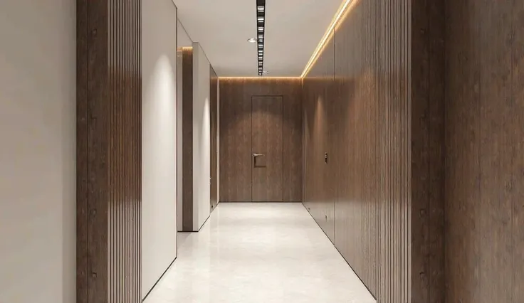 A contemporary hallway with a bold, vertical board and batten design, incorporating dark wood and a contrasting light color palette, giving the space a sleek and elegant look