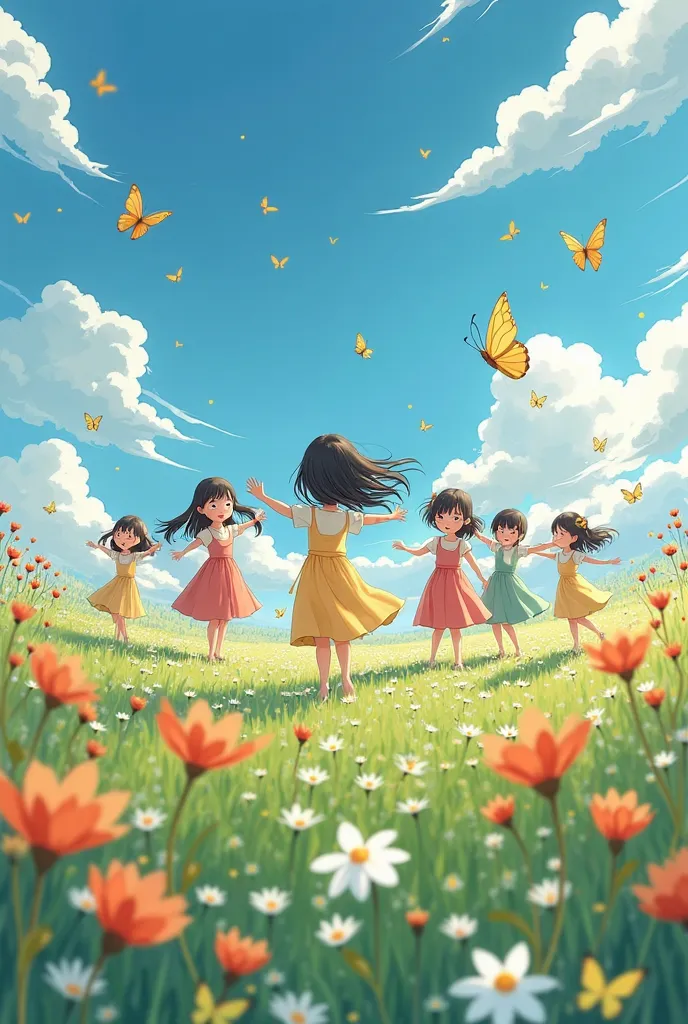 Animated image -In a big meadow .full of flowers. a beautiful little asian six girls are dancing smiling. 
 A bove them are butterflies flying