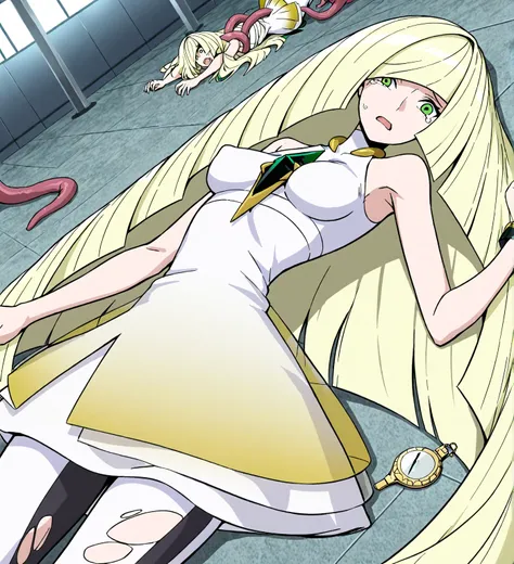 score_9, score_8_ up , score_7_ up ,  source_anime, pokemonlusamine, Blonde,  green eyes, Hair on one eye,  very  long hair, bare arms,  bare Shoulders, dress, gem, green gemstone, leggings, short  dress,  sleeveless   dress, white  dress, white leggings,,...