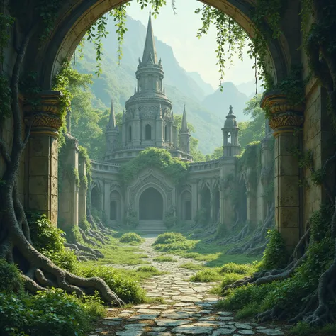 large stone Elvish city in the middle of the deep woods, there are walls and a couple of spires, there are a few small stone intricately detailed temples, dynamic stone, dynamic forestry, edges of foliage and some bits of moss, a couple of willow trees in ...