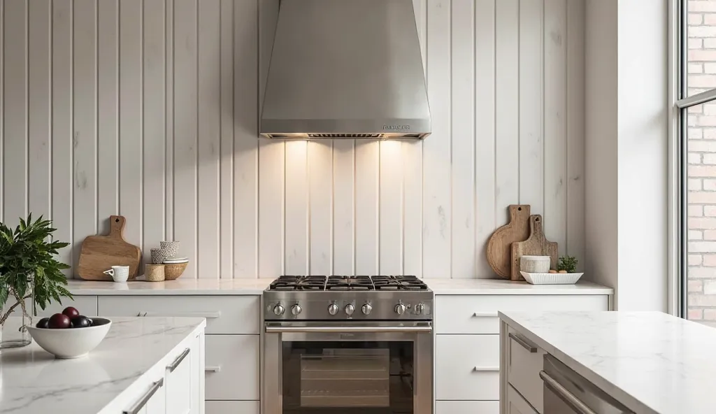 A modern kitchen with a sleek board and batten wall treatment in neutral tones, paired with contemporary furnishings and fixtures for a clean, minimalist style