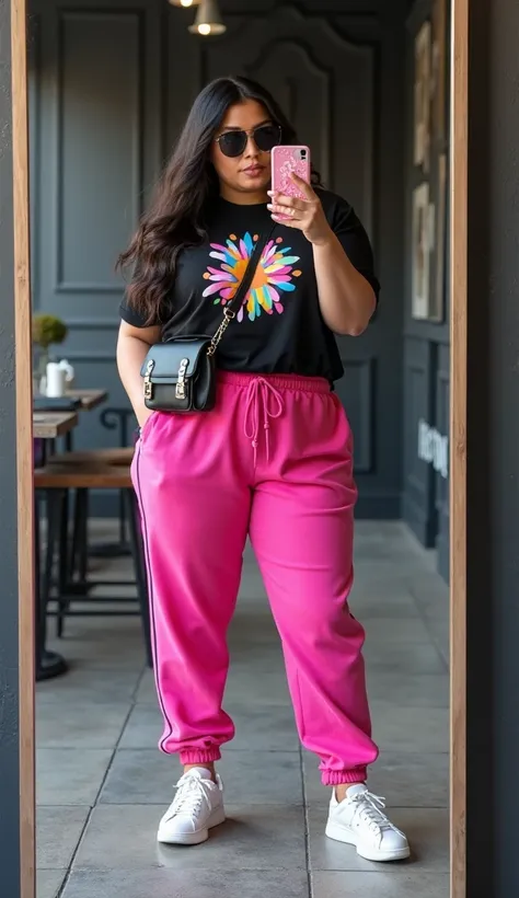 **"A high-quality, full-body digital image of a beautiful plus-size woman with European features, light skin, and long, voluminous dark hair, taking a stylish mirror selfie in a modern, sleek interior. She is wearing a fashionable sportswear set consisting...