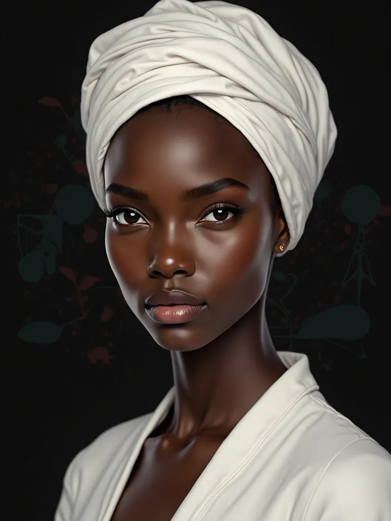 Woman with dark-skinned black skin, 23 years old, with a white headscarf , looking at the camera with a serious expression, iblackgroud dark whit african simbol