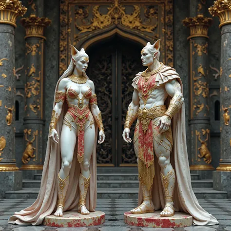 Two highly detailed and imposing marble statues stand at the entrance of a grand mystical temple, side by side like guardians, slightly turned toward each other, as if secretly plotting something. Their gazes connect subtly, reflecting a deep understanding...