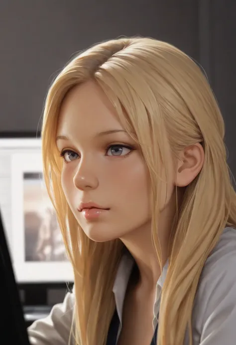 a beautiful girl with long blonde hair, detailed eyes, nose, and lips, wearing  professional outfit, siting in her office, using her computer, hp comuter (best quality,4k,8k,highres,masterpiece:1.2),ultra-detailed,(realistic,photorealistic,photo-realistic:...