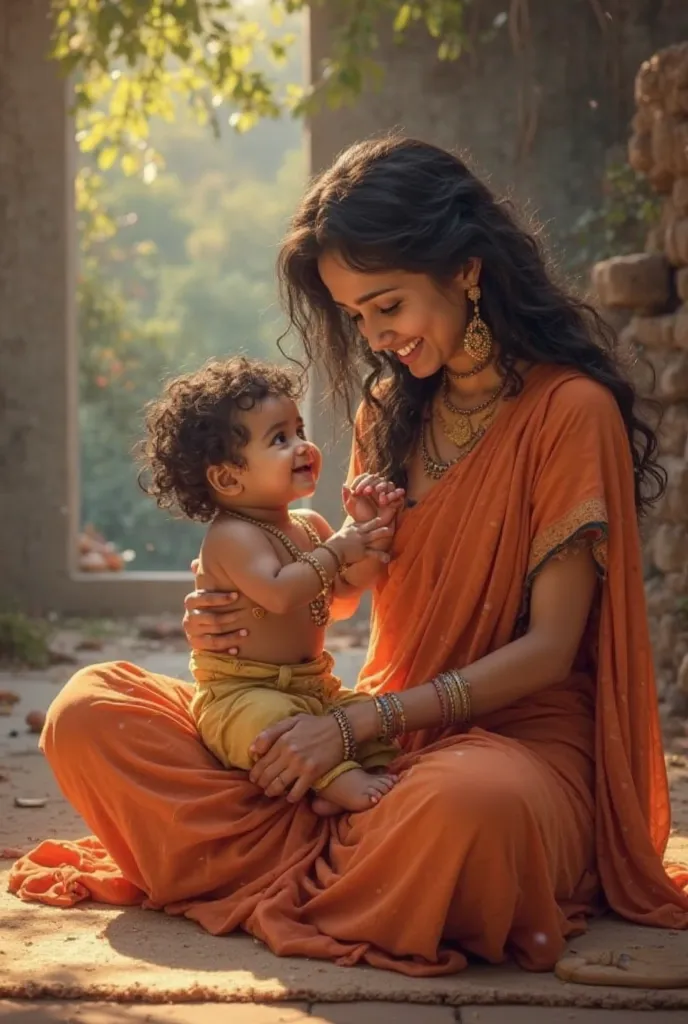 Describe a scene where Lord Ram, at the age of  and 6 months, is playing joyfully while sitting in the lap of his mother, Kaikeyi. Focus on the emotions and expressions shared between them, the surroundings of the setting, and the playful actions of Ram. I...