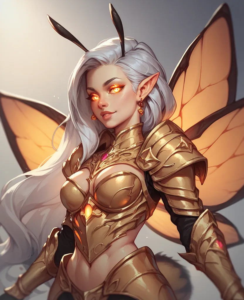 Humanoid creature, orange glowing eyes, long silver hair, wearing a golden armor, extra eyes, bee wings