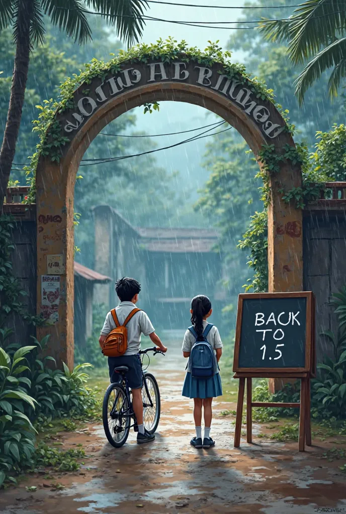 A kerala village school.a boy with a cycle and girl with back bag.they are in white and blue uniform standing in front of arch shaped school gate named GHSS VALAD.there is a classroom black board with wooden stand in front of them.BACK TO 15 is written on ...