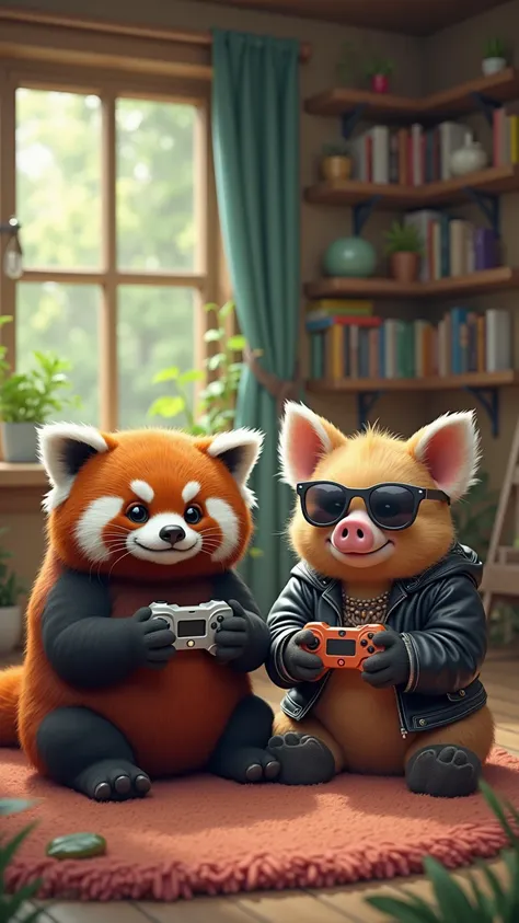 A chubby red panda and a rocker pig with a tough look, dressed in a leather jacket and sunglasses, playing video games inside the red panda's house in the forest.
