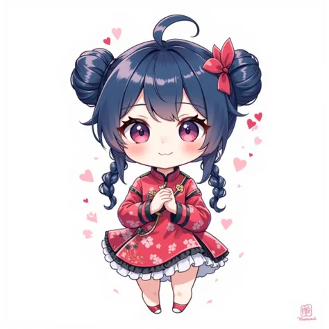 ( chibi:1.4), chibi character, chibi style, toe, (cwhite background:1.4),full body,masterpiece, high quality, 4K, HDR,, A girl with frills, anime style,  with a cheerful smile、simple background、red china clothes、China、 bun hair,  double braids, Navy blue h...