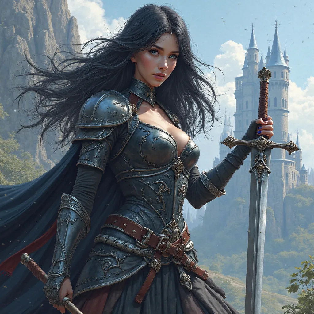 Creating a medieval image of a sexy woman with black hair and blue eyes: she holds a sword in her hands and in the background is a castle. 